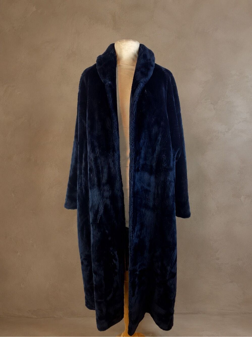 Borgana Faux Fur Coat Navy Long Plush Open Front Vintage Made in USA